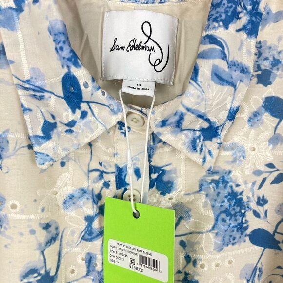 Sam Edelman Floral Embroidered Eyelet Puff Sleeve Mini Shirtdress White Blue, 14 - Picture 3 of 13